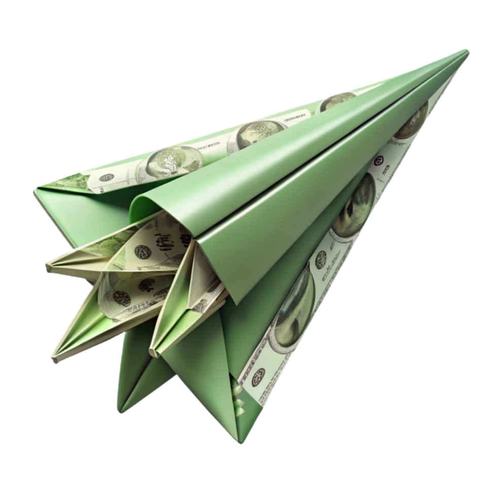 beautiful creative Paper Airplane with Dollar Bill Trail Isolated high quality png
