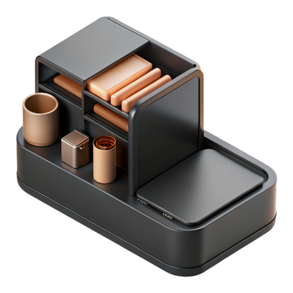 dramatic contemporary Create 3d Rendered Cutout of Matte, Black Minimalist Desk Organizer professional png