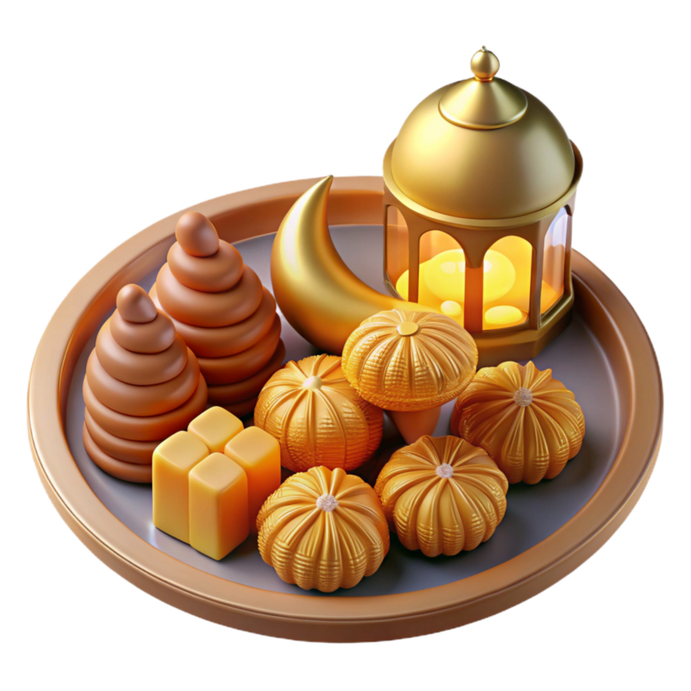 extraordinary vintage 3d Rendered Cutout of Plate of Eid Al-fitr Sweets, Including high resolution png