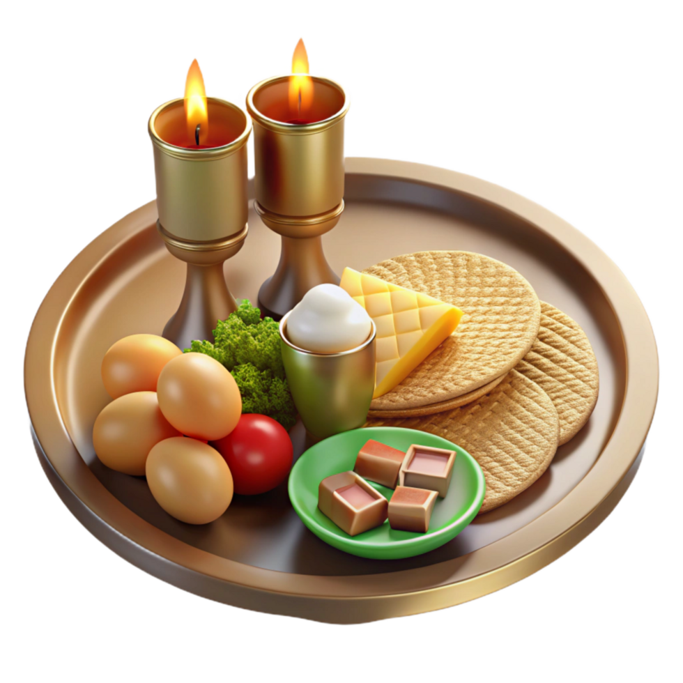 stunning abstract 3d Rendered Seder Plate with Traditional Passover Foods, Including Matzah, genuine png