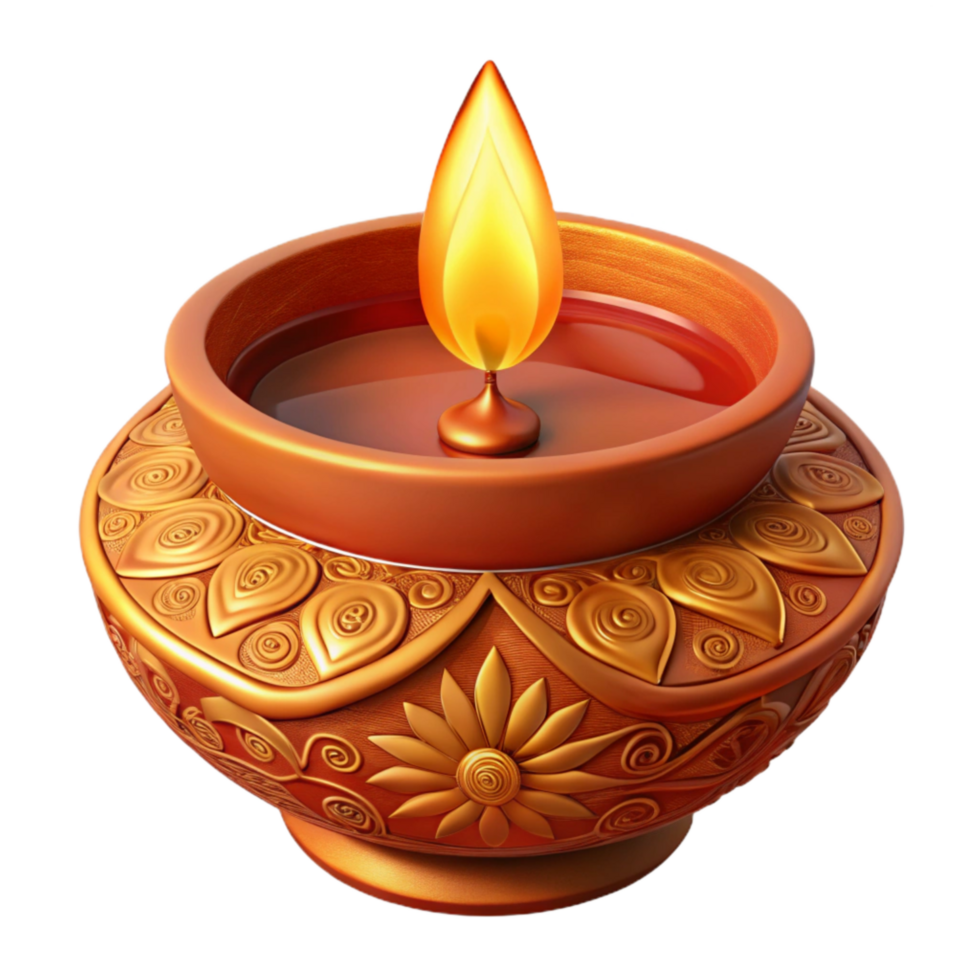 dramatic minimalist 3d Render of Intricately Carved Wooden Diwali Diywith Flickering Flame, professional png