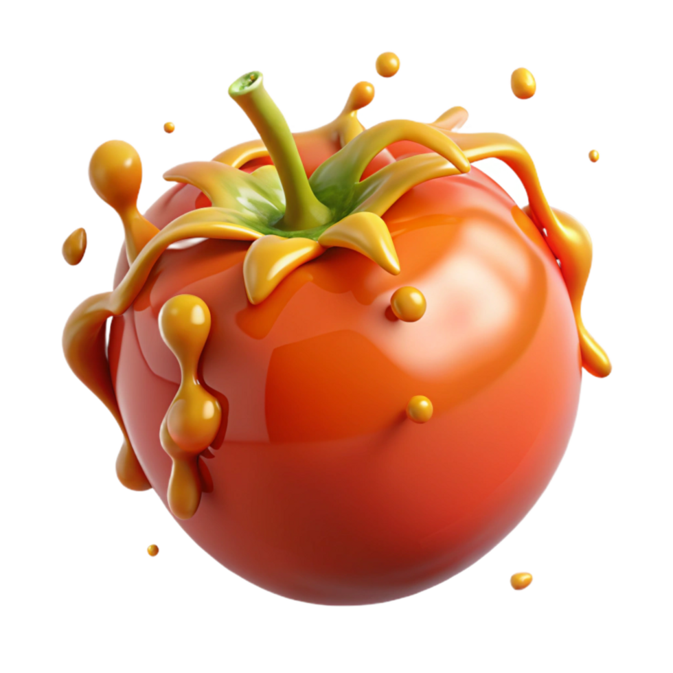 dramatic contemporary 3d Render of Ripe Tomato Splattering Against White Wall, With original png