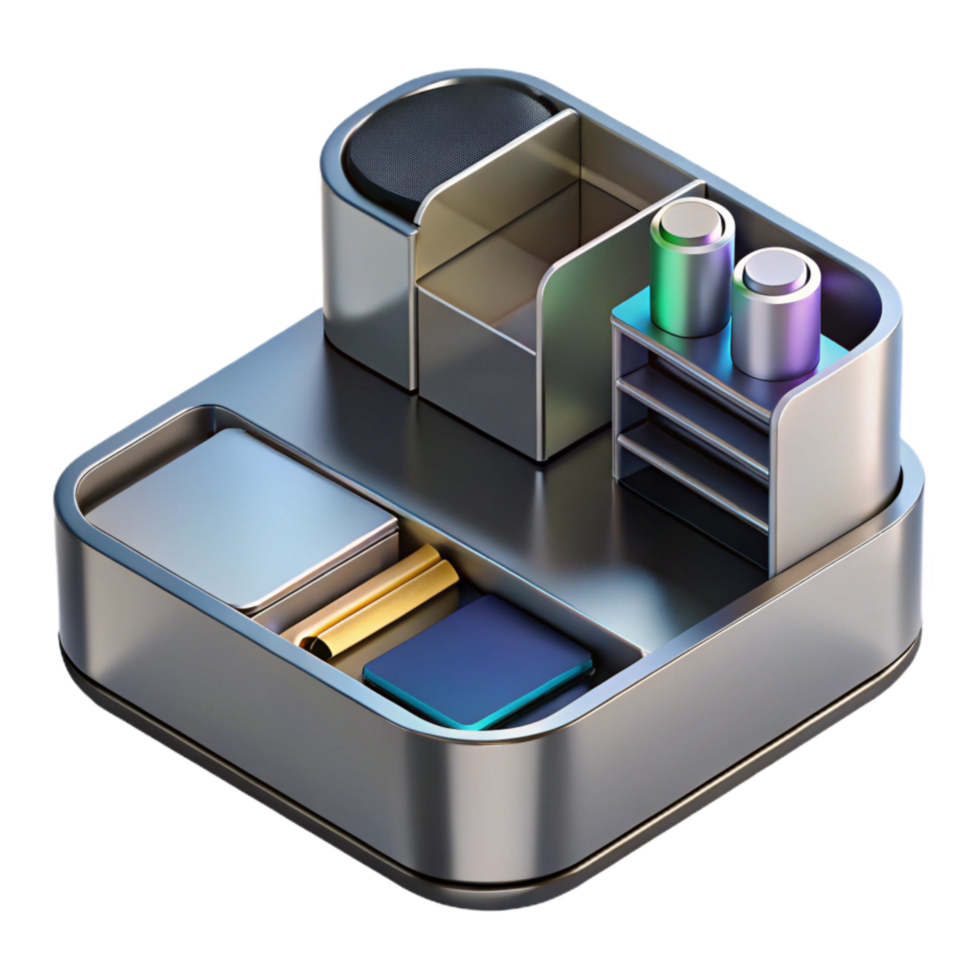 vibrant abstract A 3d Rendered Cutout of Sleek, Minimalist Aluminum Desk Organizer, original png