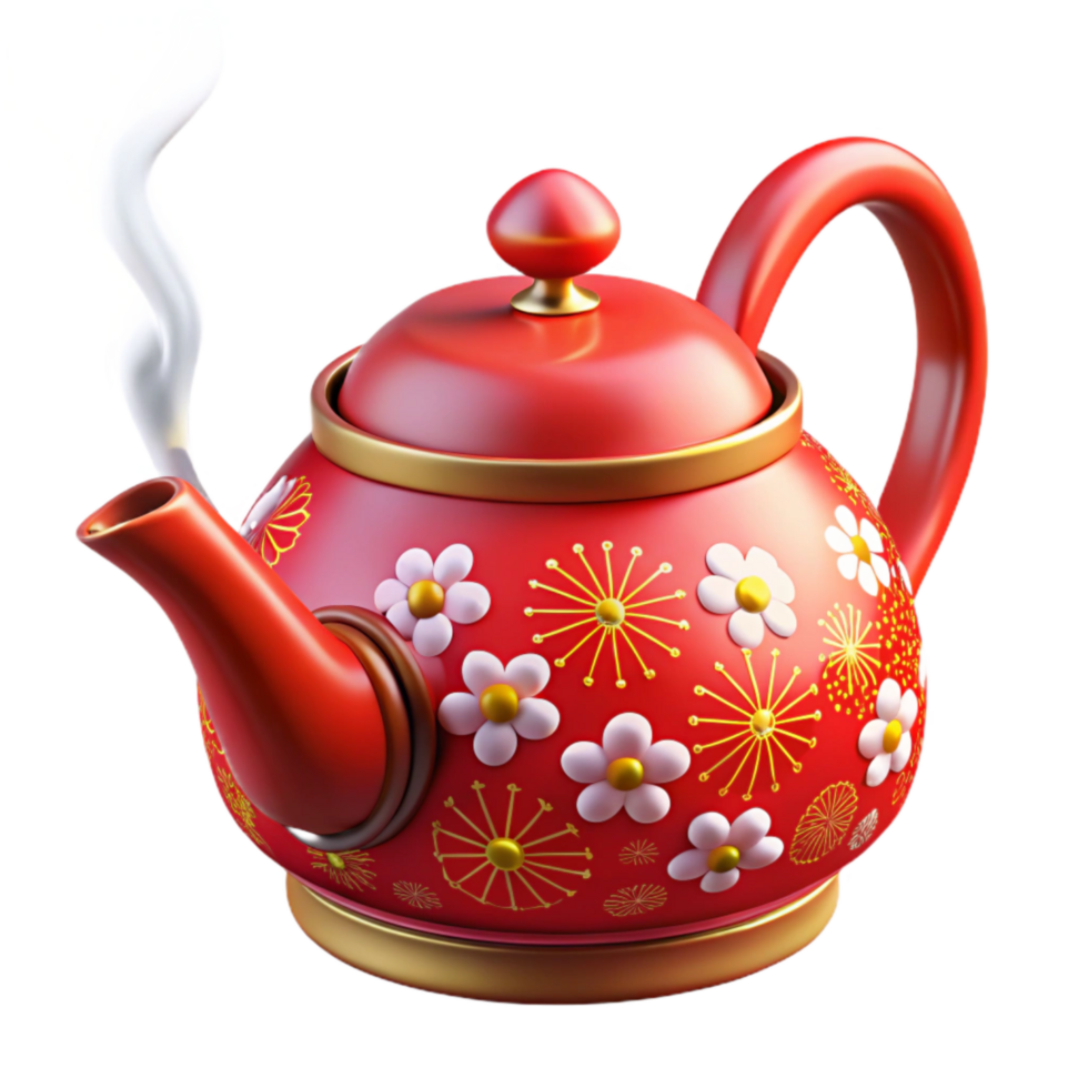 vibrant artistic A Bright Red Ceramic Teapot with Floral Pattern and Steam high quality png