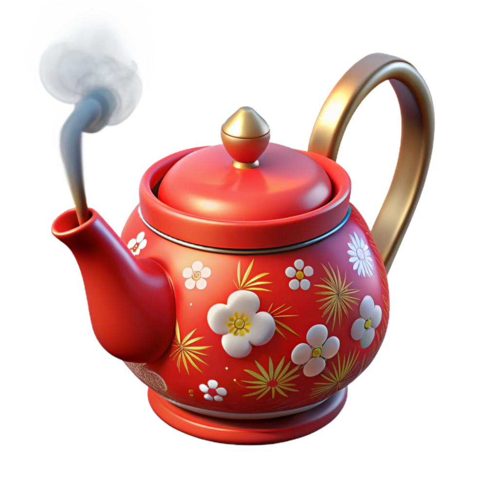 beautiful traditional A Bright Red Ceramic Teapot with Floral Pattern and Steam genuine png