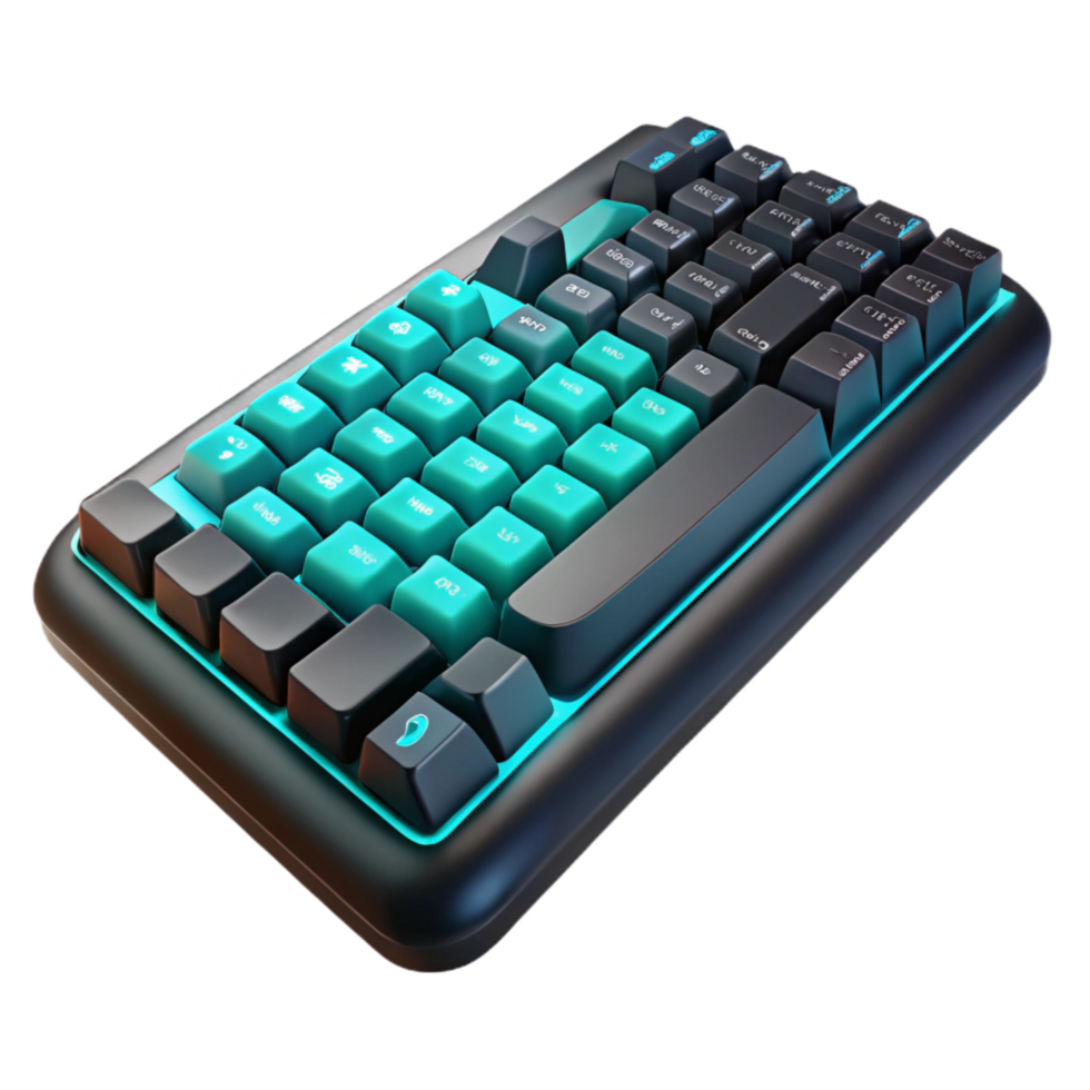 impressionante rústico uma Cortar fora do fosco Preto ergonômico teclado com brilhando turquesa autêntico png