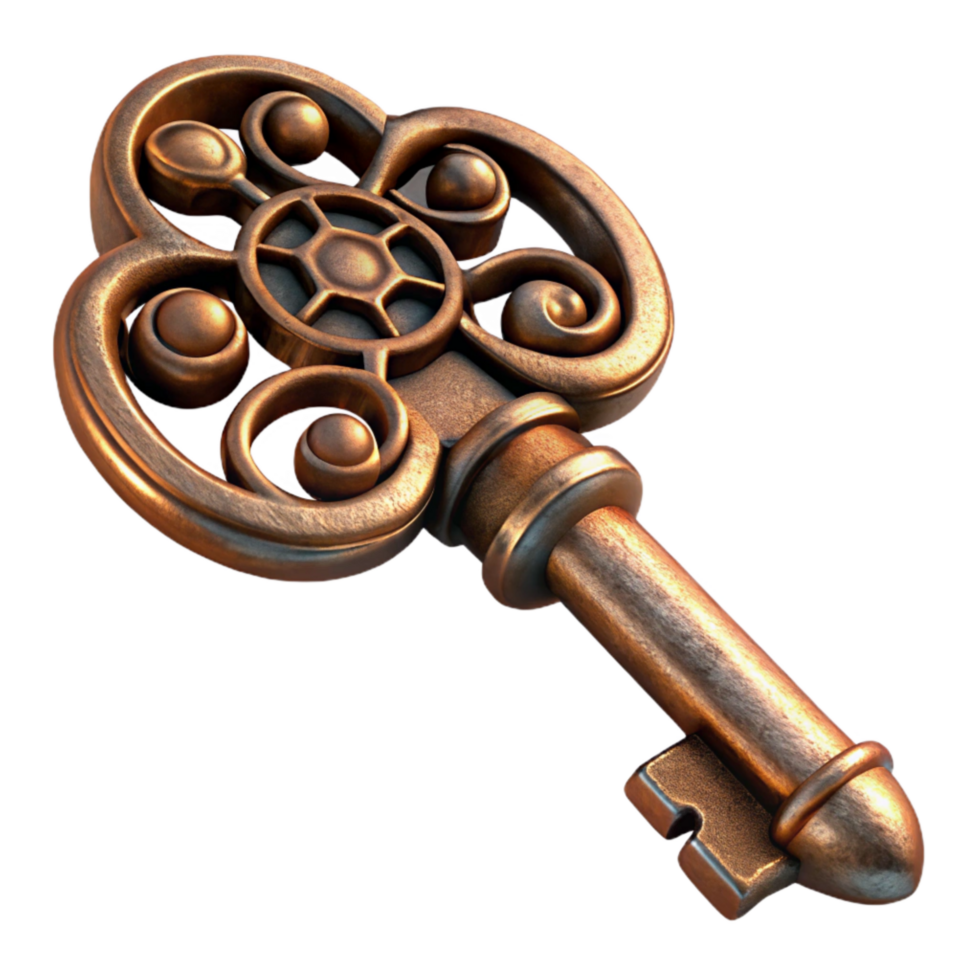 vibrant artistic An Antique Bronze Key with Intricate Detailing and Patina, Professionally authentic png