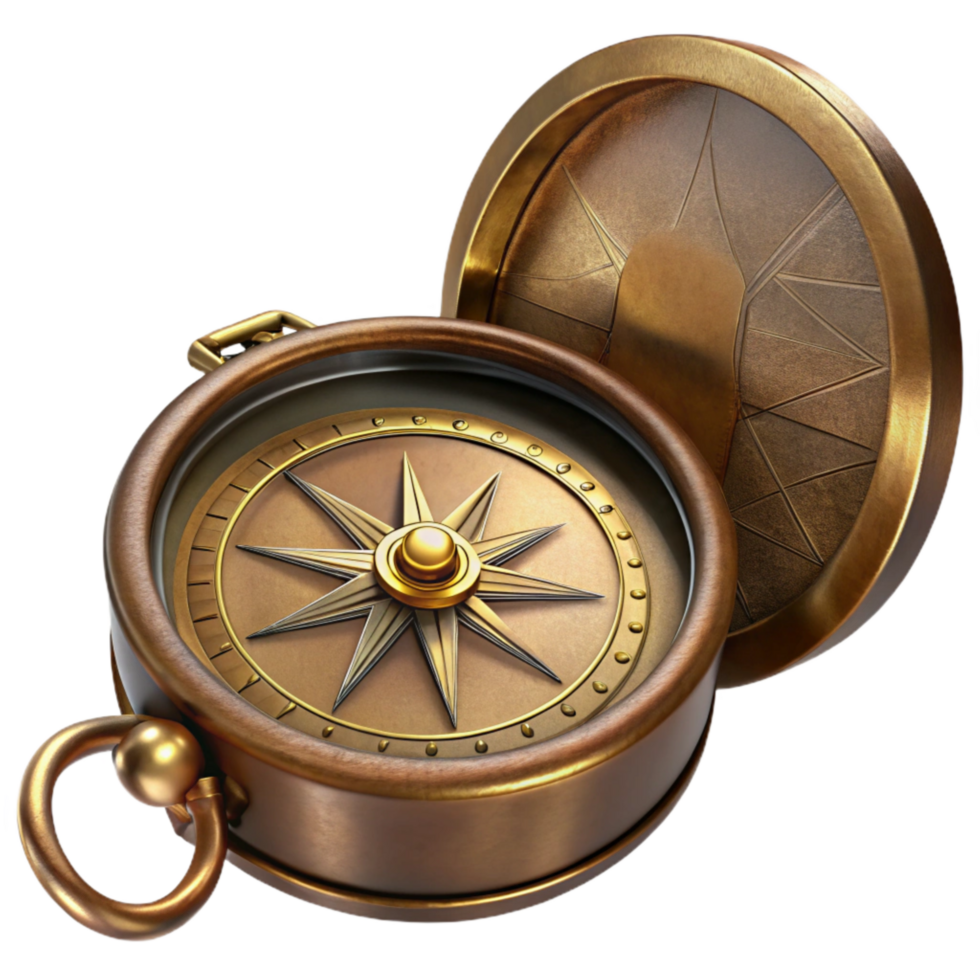 stunning classic A Vintage Brass Compass with Weathered Leather Case, Intricate Details high quality png