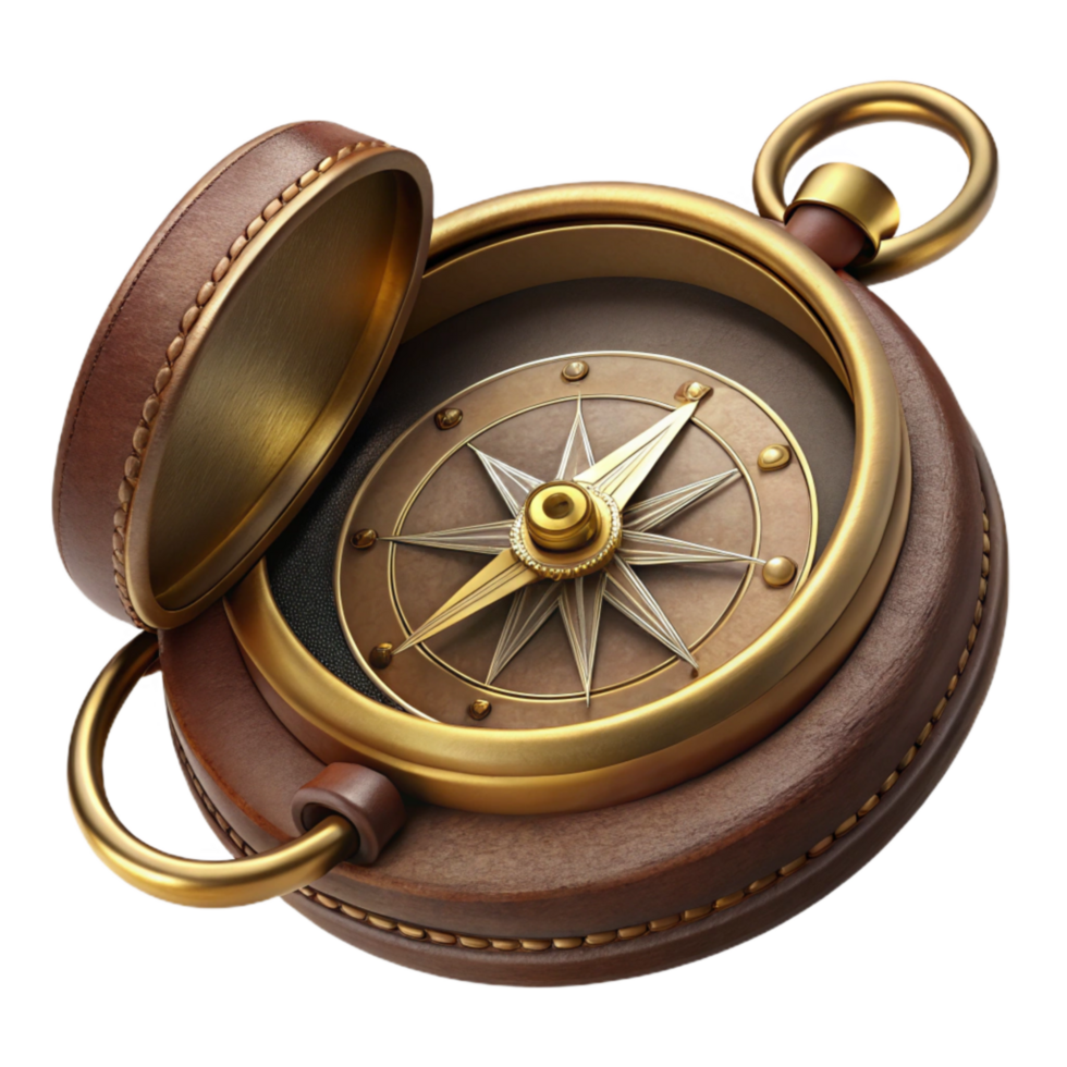 serene traditional A Vintage Brass Compass with Weathered Leather Case, Intricate Details premium png