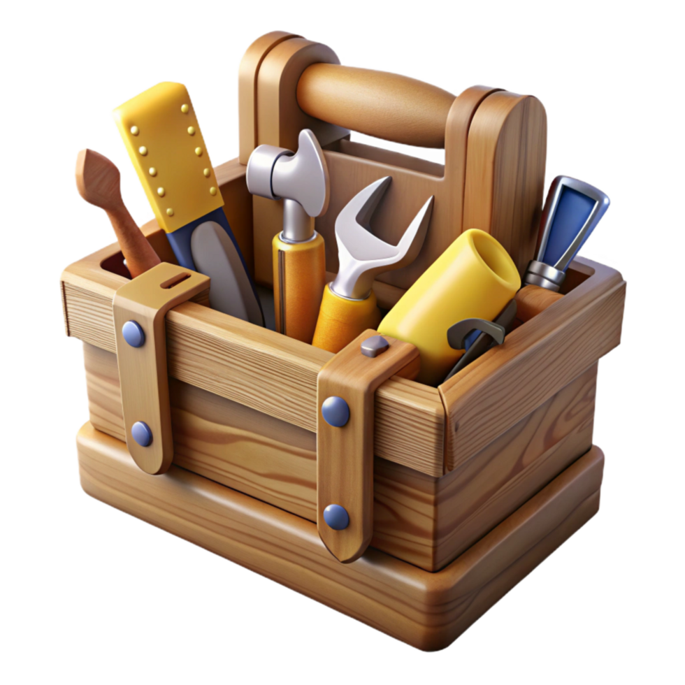 elegant creative A Vintage Wooden Toolbox Filled with Various Tools, Professionally Lit premium png