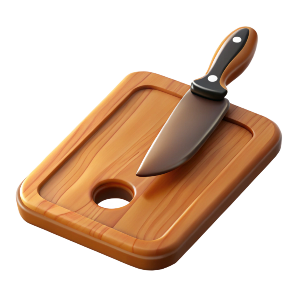 elegant contemporary A Wooden Cutting Board with Knife Marks and Dark Handle, professional png