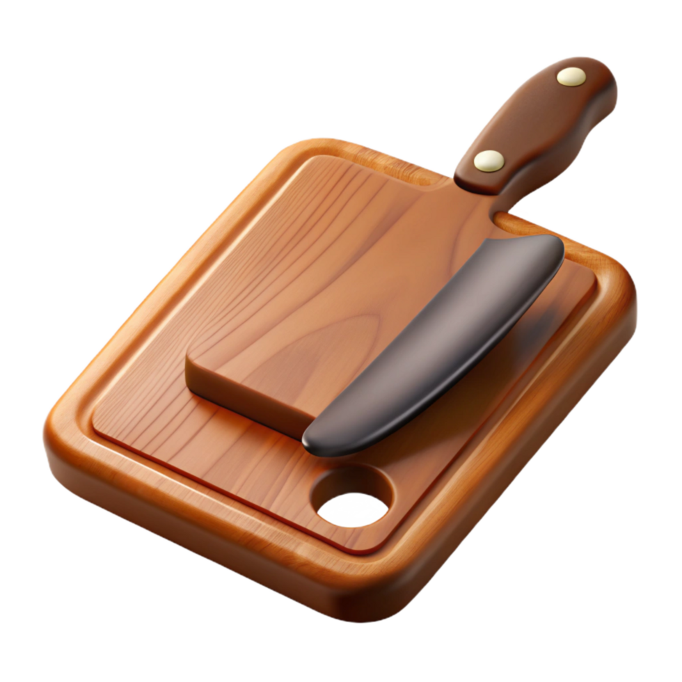 extraordinary vintage A Wooden Cutting Board with Knife Marks and Dark Handle, high resolution png