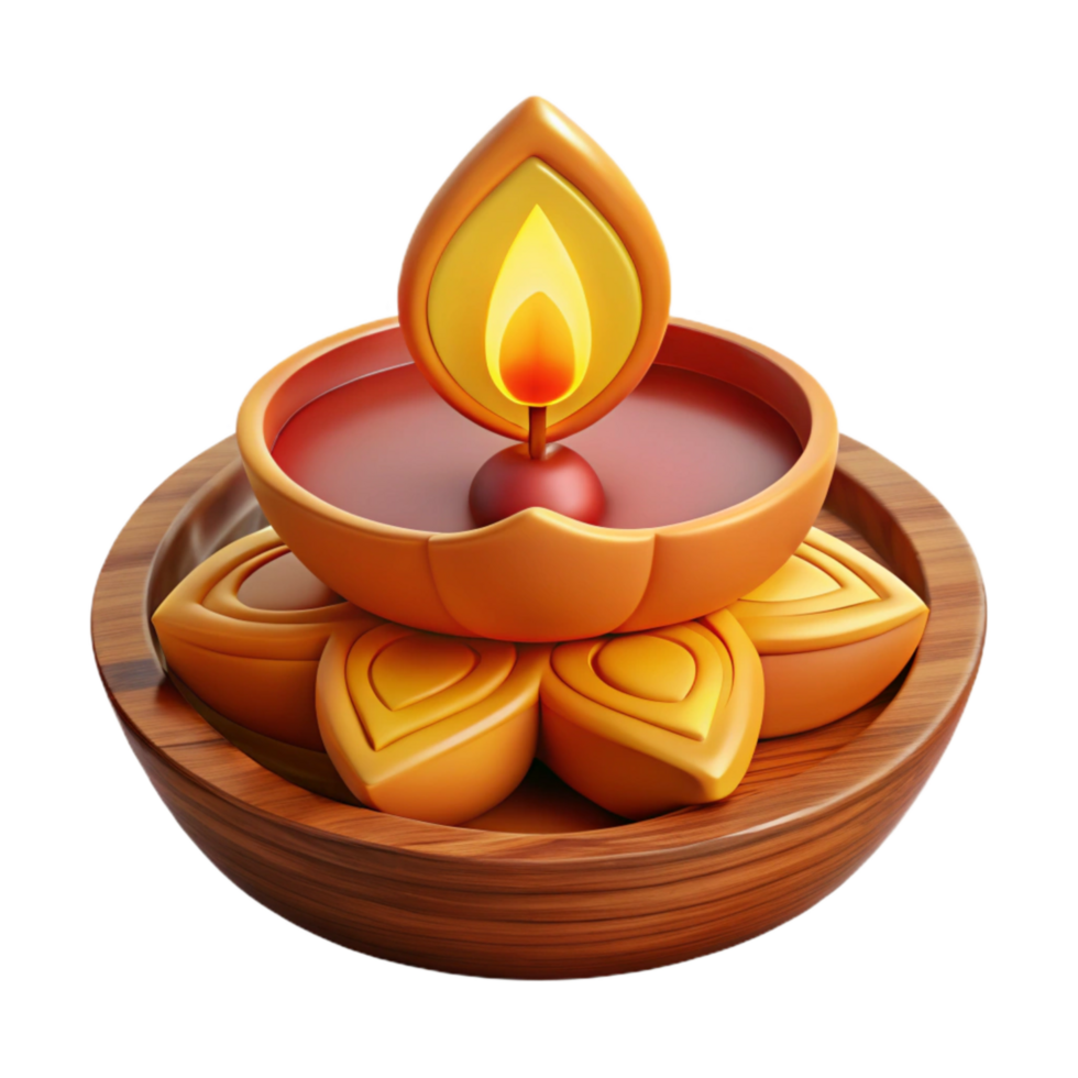 serene modern 3d Render of Intricately Carved Wooden Diwali Diywith Flickering Flame, high resolution png