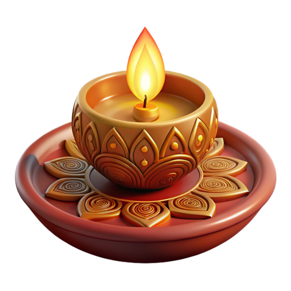 dramatic modern 3d Render of Intricately Carved Wooden Diwali Diywith Flickering Flame, high quality png