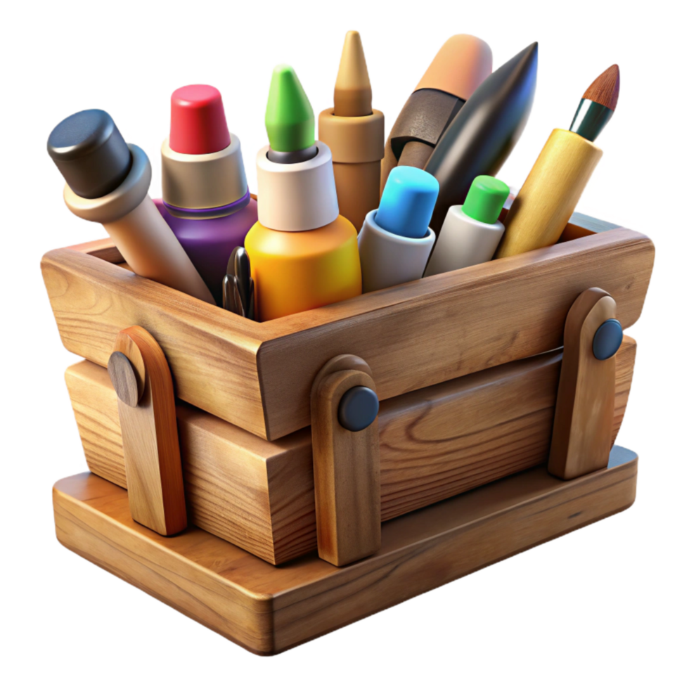 dramatic creative Create Hand-illustrated Cutout of Rustic Wooden Toolbox Overflowing with Brightl professional png