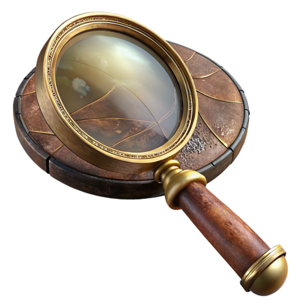 serene classic Generate Cutout of Weathered Brass Magnifying Glass with Intricate Victorian detailed png