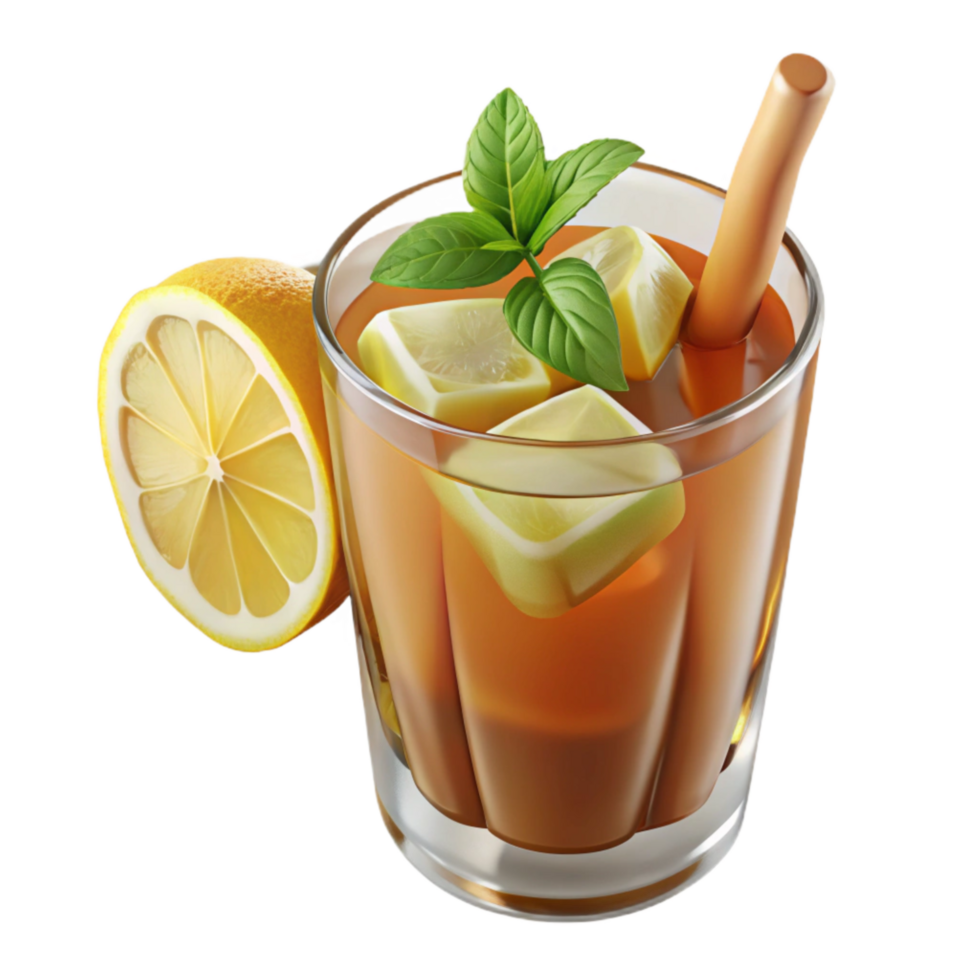 impressive modern Glass of Refreshing Iced Tea with Lemon Wedges and Mint high quality png