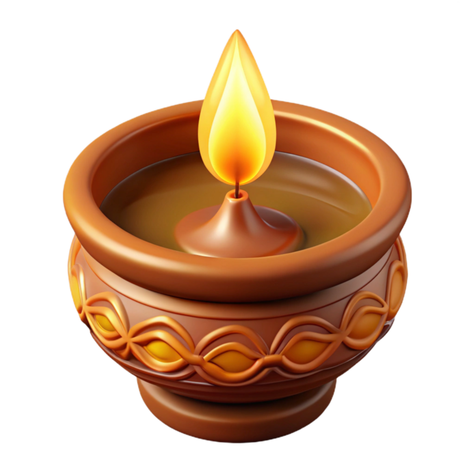 stunning traditional 3d Render of Intricately Carved Wooden Diwali Diywith Flickering Flame, high resolution png