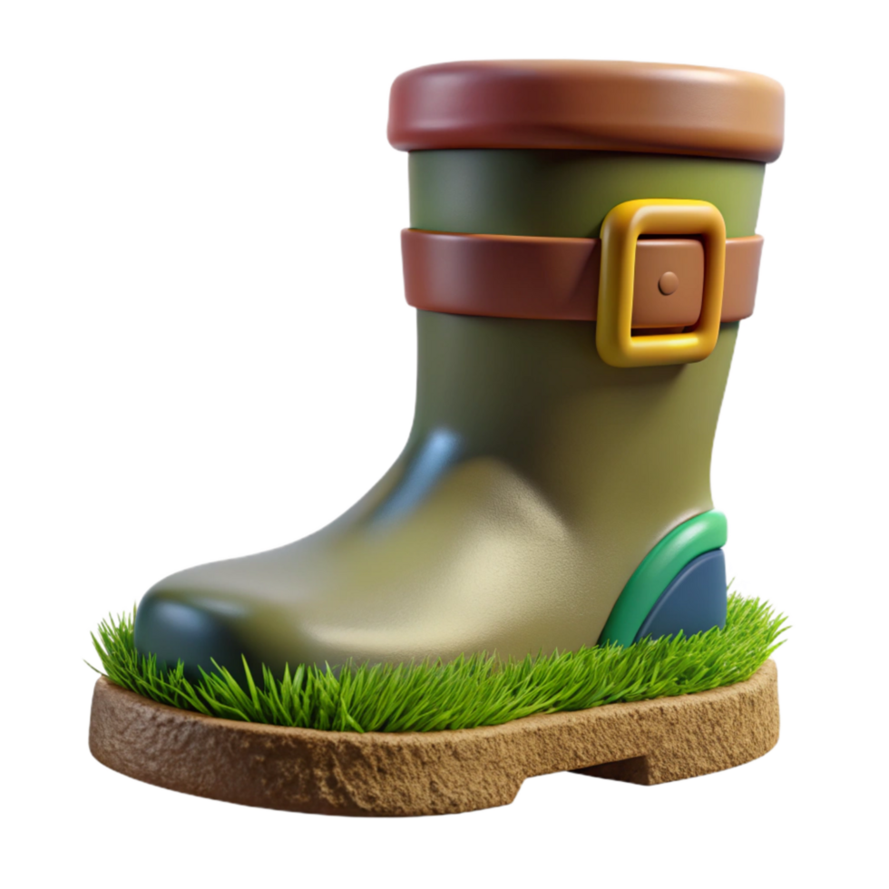 beautiful traditional Render of Muddy Glastonbury Festival Welly Boot with Grass And detailed png