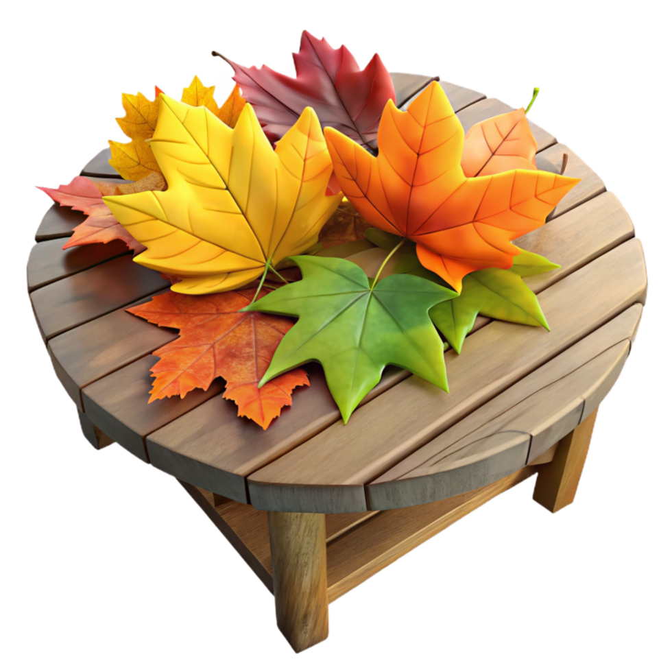 elegant traditional Scattering of Colorful Autumn Leaves on Rustic Wooden Table, Professionally exclusive png