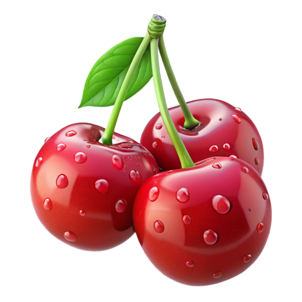 extraordinary artistic Vibrant Bunch of Ripe Red Cherries with Green Stems, Glistening original png