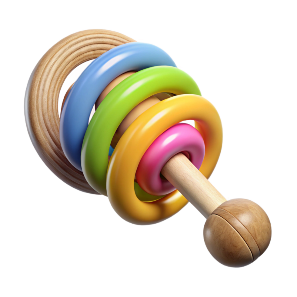 vibrant rustic Baby Rattle Wooden with Rings Colorful Transparent Background detailed png