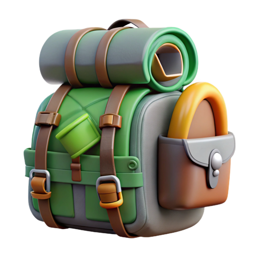 beautiful vintage Backpack with Hiking Gear Green and Grey Cutout detailed png