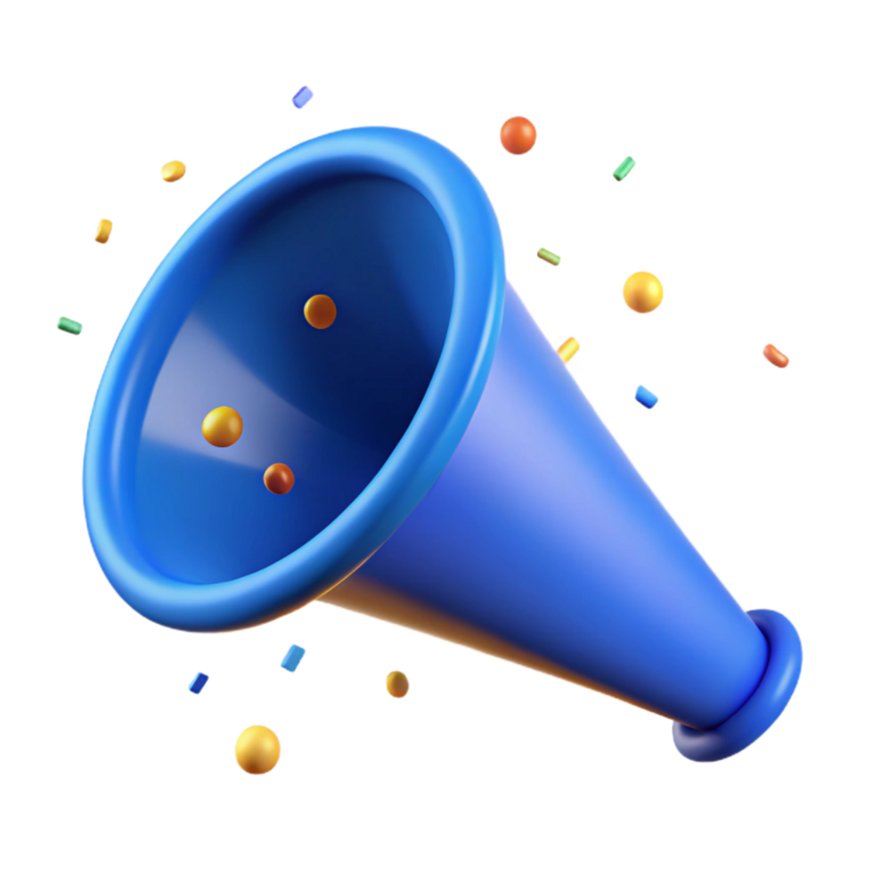 magnificent minimalist Blue Party Horn Cutout with Confetti Detail Transparent Background 4K png