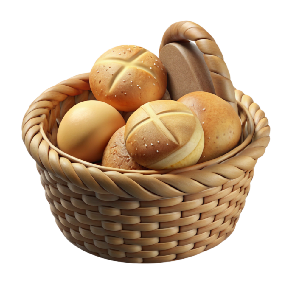 dramatic traditional Bread Basket with Rolls Cutout Transparent Background authentic png
