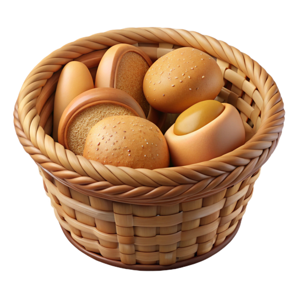 magnificent rustic Bread Basket with Rolls Cutout Transparent Background high resolution png