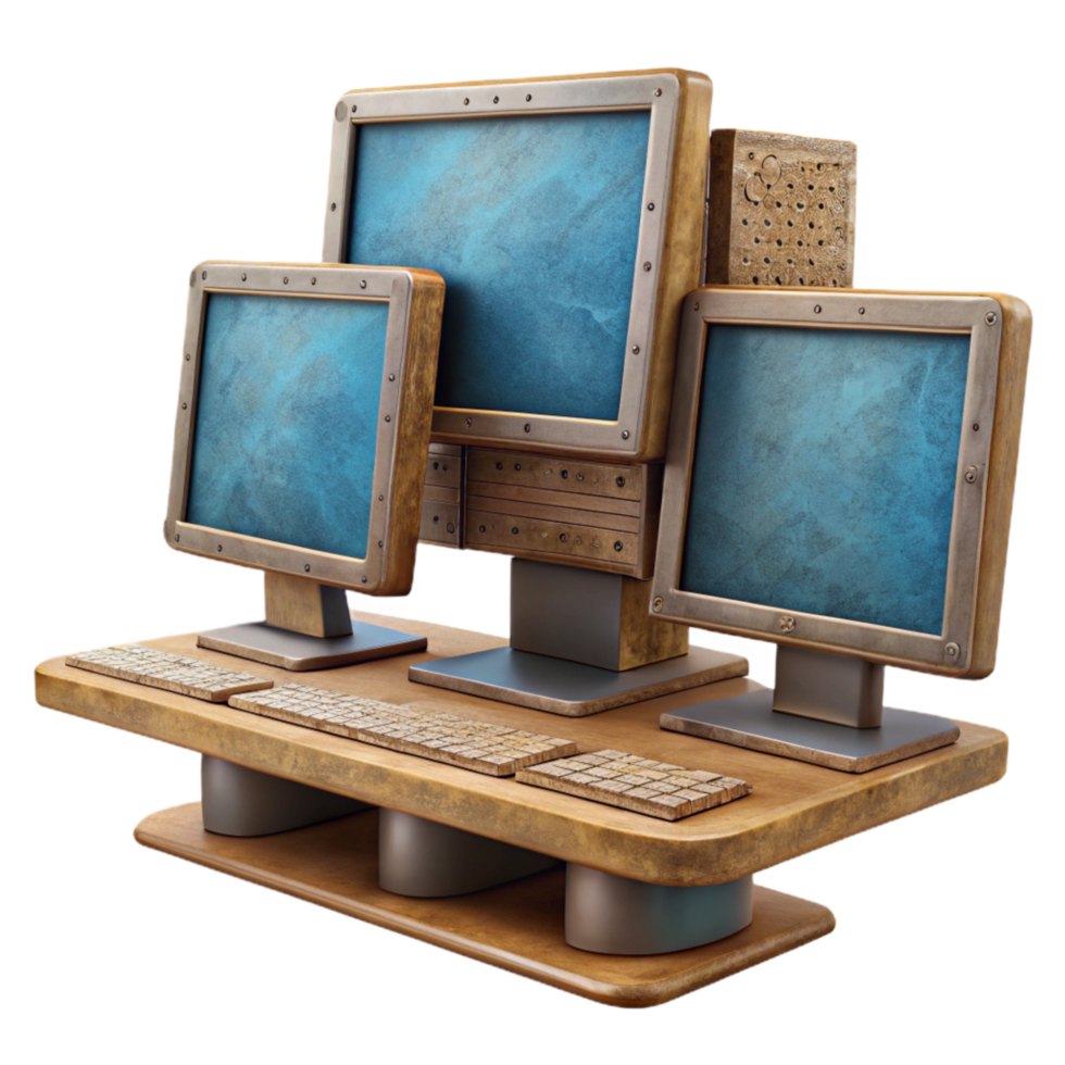 elegant rustic Desktop Computer with Multiple Monitors Cutout genuine png