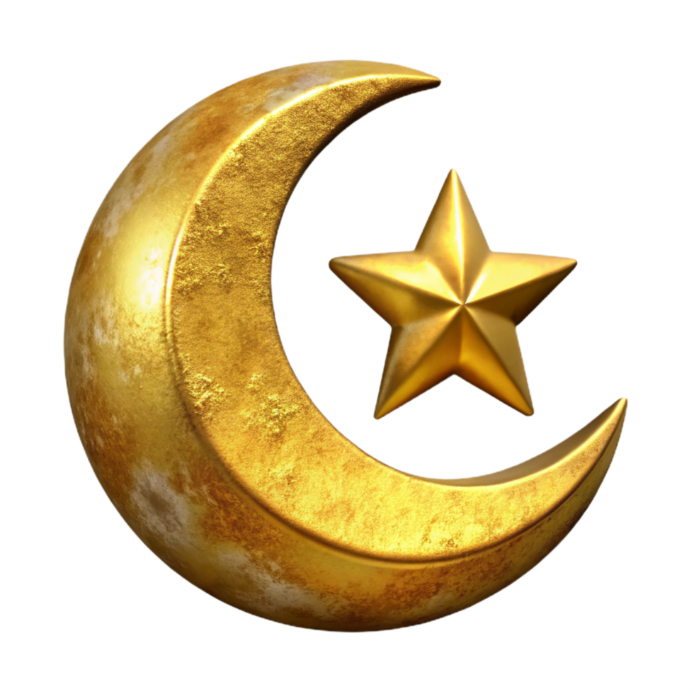vibrant artistic Eid Mubarak Crescent Moon and Star Golden Isolated detailed png