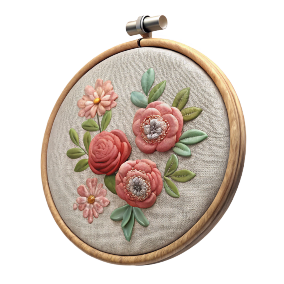 serene classic Embroidery Hoop with Floral Design Isolated on Transparent Background high resolution png