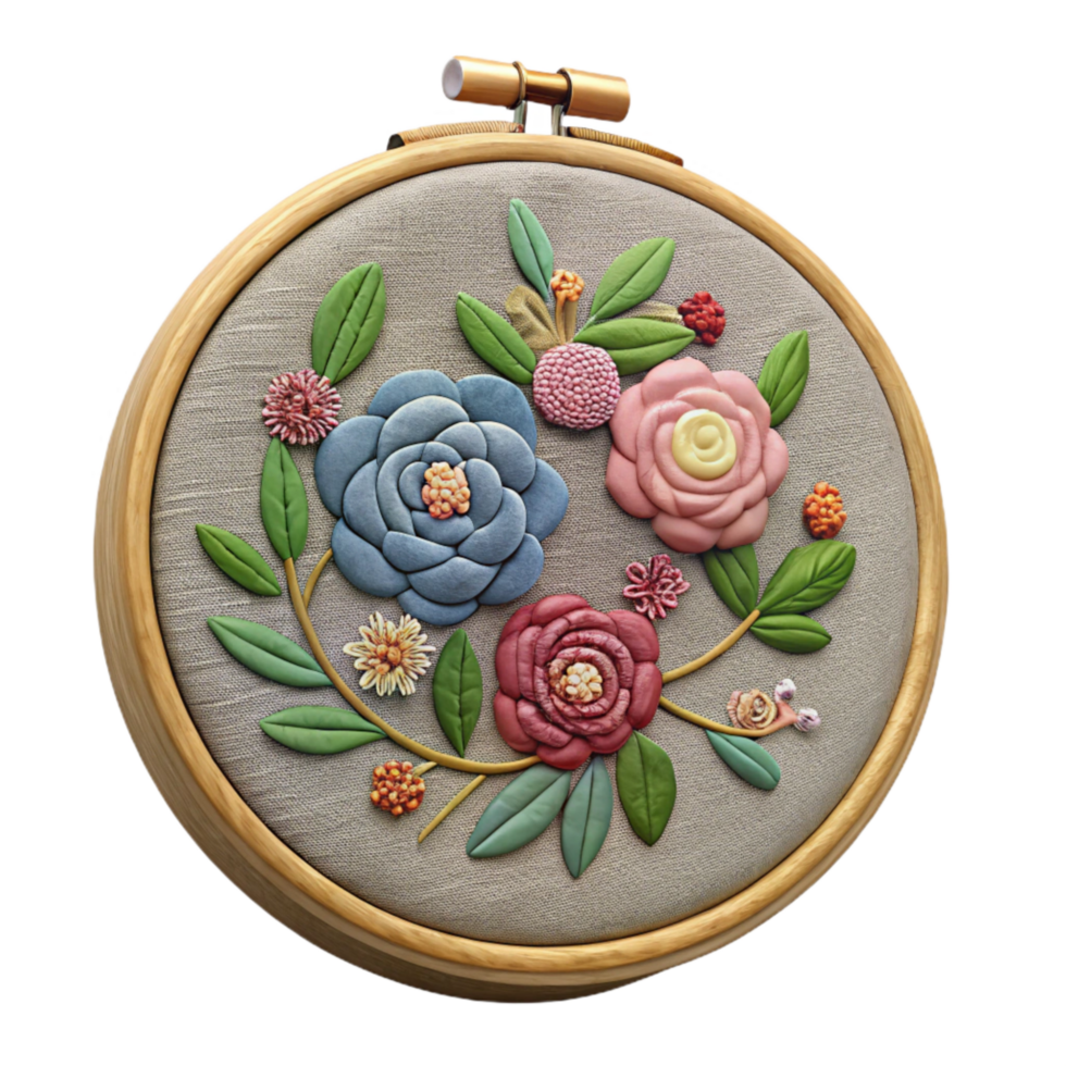 beautiful contemporary Embroidery Hoop with Floral Design Isolated on Transparent Background high resolution png