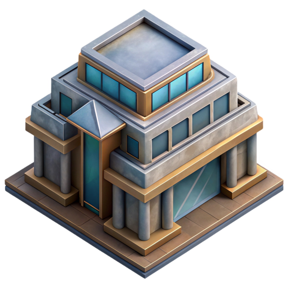 vibrant minimalist Futuristic Building Isometric View Transparent Background high resolution png