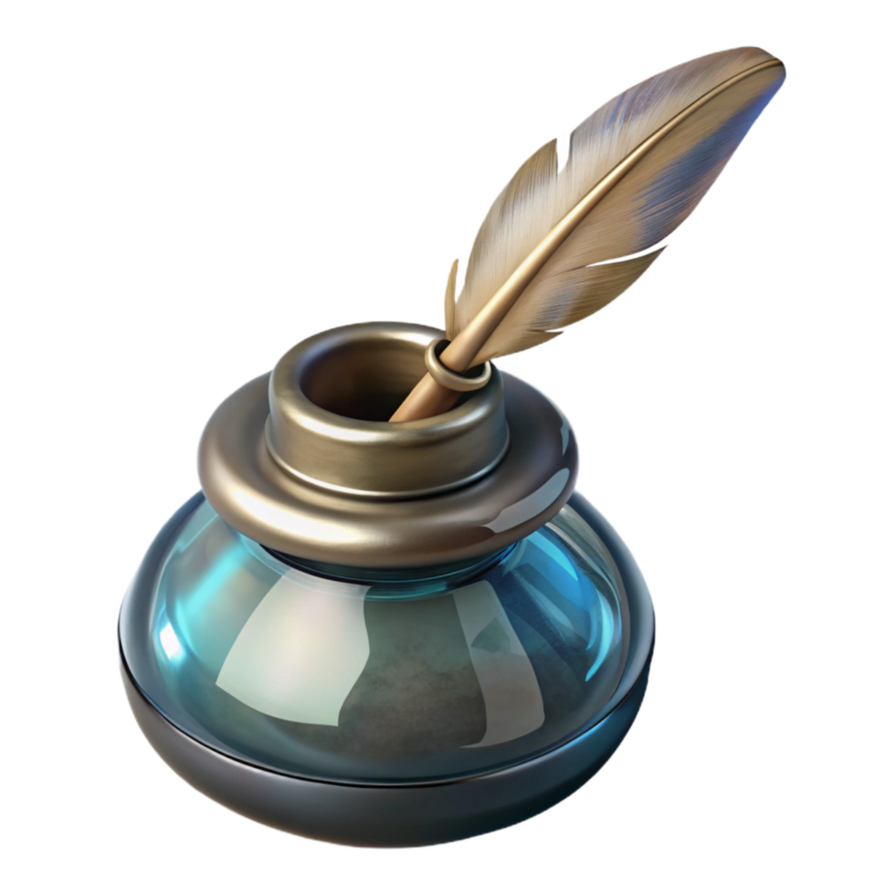 wonderful abstract Glass Inkwell with Quill Pen Isolated exclusive png