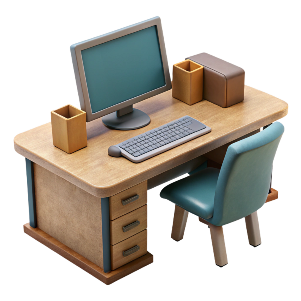 dramatic classic Office Desk with Computer and Keyboard Isolated authentic png