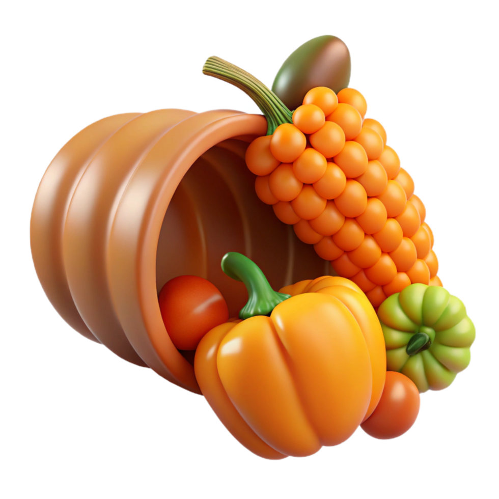 dramatic classic Orange Thanksgiving Cornucopia Cutout with Fruits and Vegetables Transparent Background detailed png