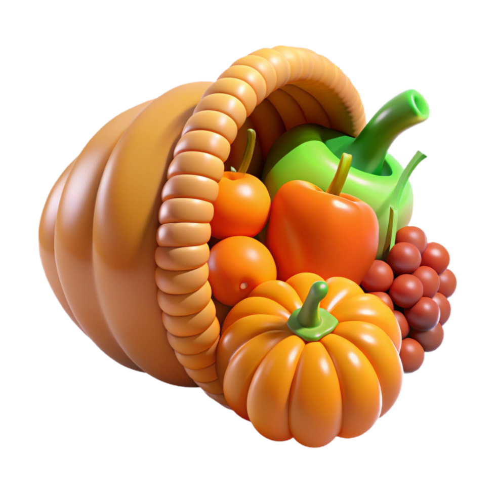 elegant creative Orange Thanksgiving Cornucopia Cutout with Fruits and Vegetables Transparent Background 4K png