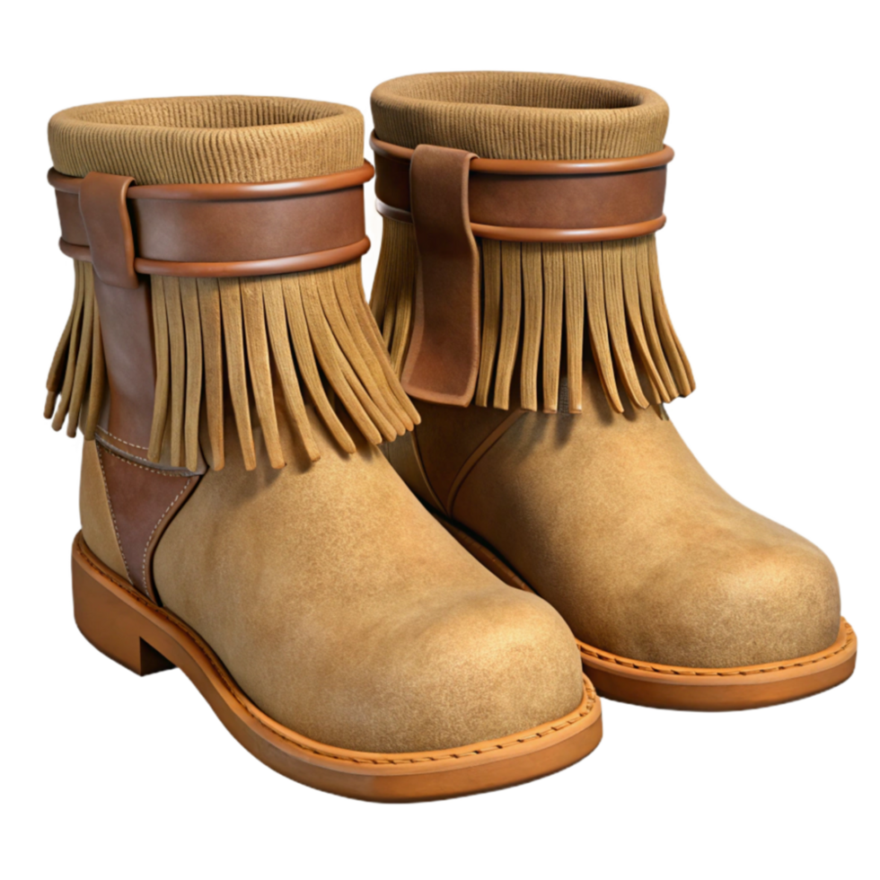 wonderful vintage Pair of Suede Boots with Fringe Detail Isolated 4K png