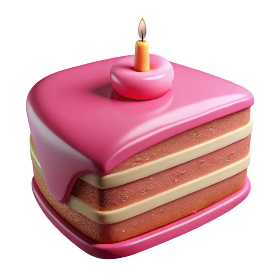vibrant traditional Pink Birthday Cake Slice Cutout with Candle and Frosting Transparent Background high resolution png