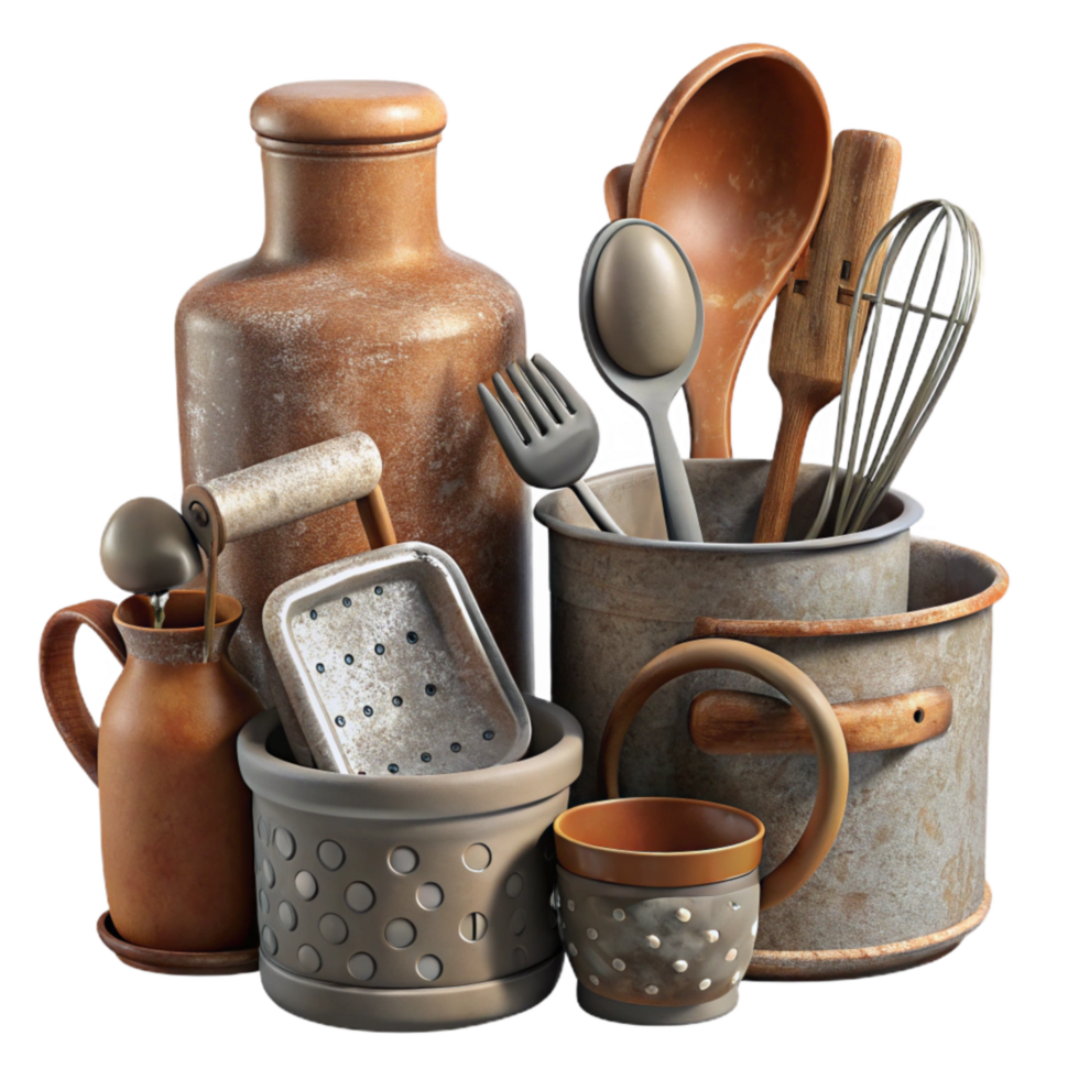 serene artistic Rustic Kitchen Utensils Collection Isolated on Transparent Background exclusive png