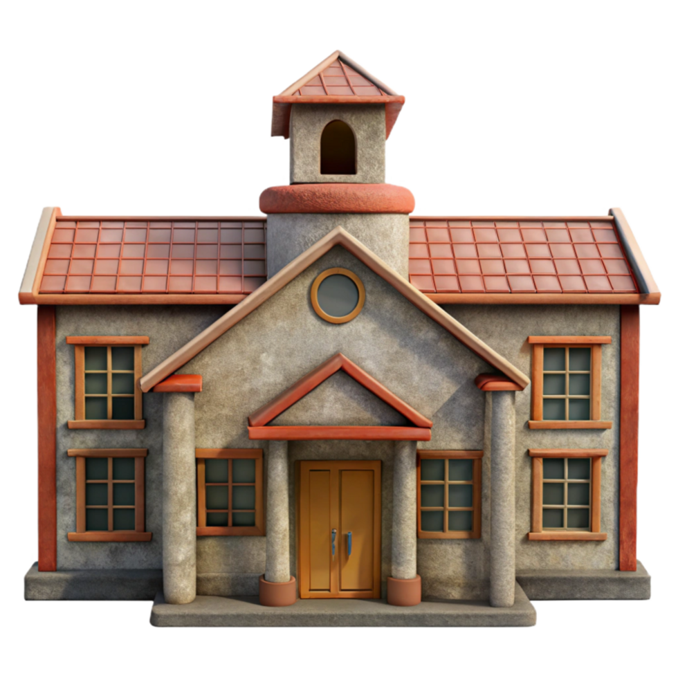 magnificent rustic School Building with Bus Front View Cutout Transparent Background exclusive png