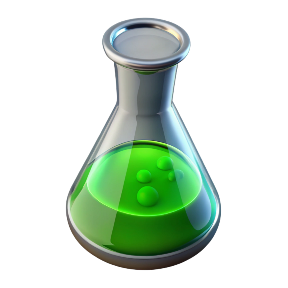extraordinary rustic Science Beaker with Green Liquid Cutout with Realistic Reflection premium png