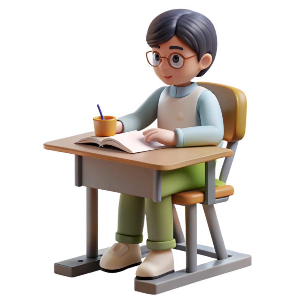 beautiful vintage Student Studying at Desk Front View Transparent detailed png