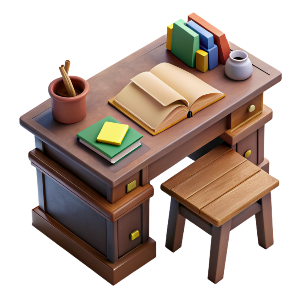 serene artistic Teacher's Desk with Books and Papers Top View Cutout high resolution png