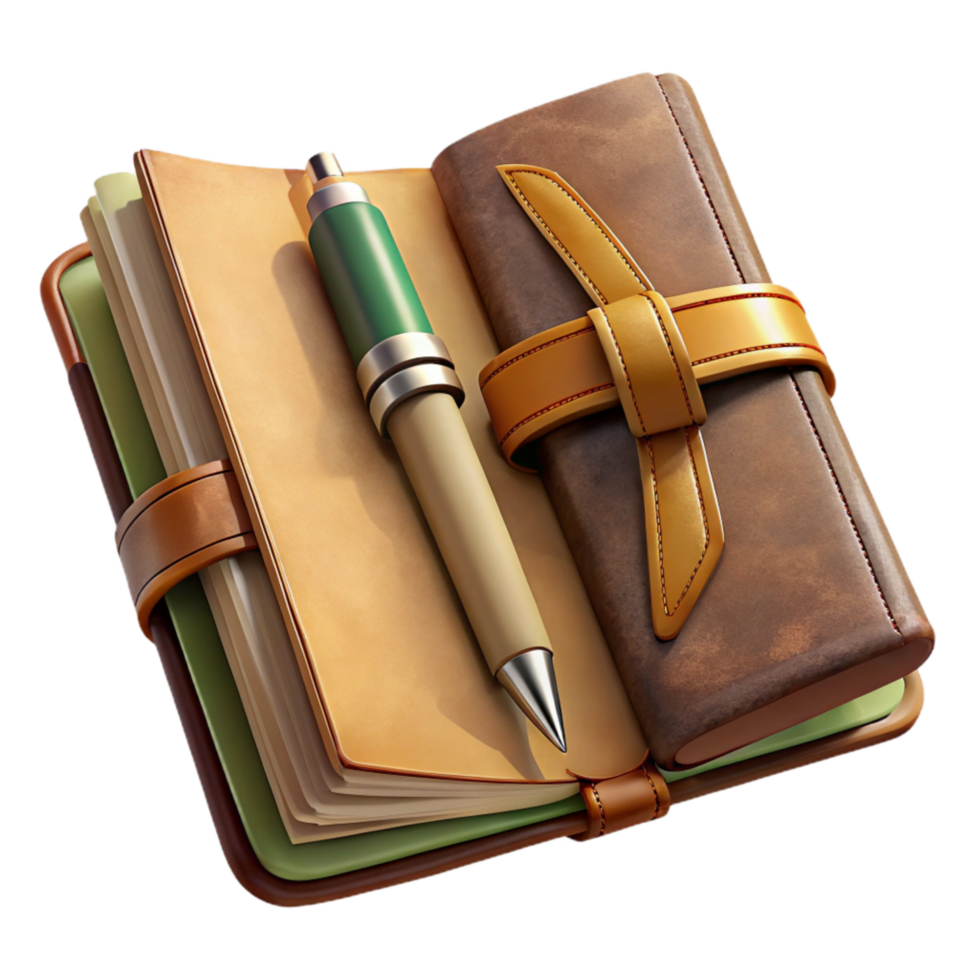 magnificent artistic Vintage Travel Journal Open with Pen Isolated 4K png