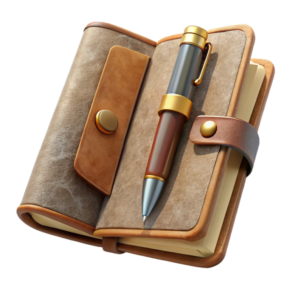 beautiful classic Vintage Travel Journal Open with Pen Isolated 4K png