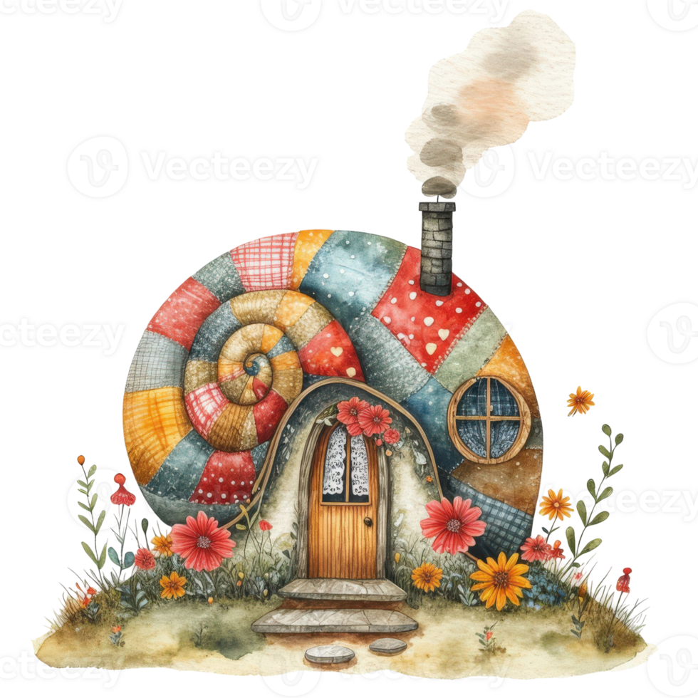 A charming, handcrafted cottage nestled within the shell of a giant snail, with a quaint door and window. Smoke gently curls from the chimney. png