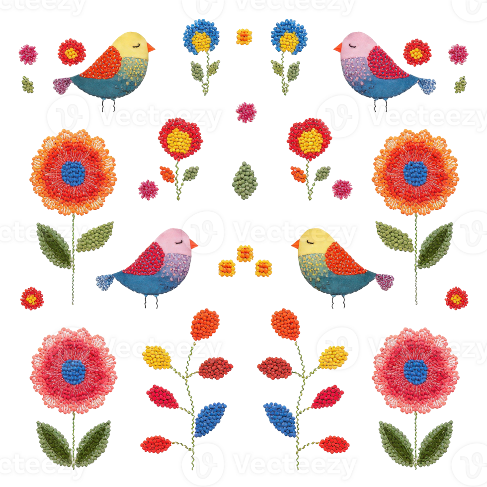 A delightful illustration featuring colorful birds and vibrant flowers arranged in a symmetrical pattern, evoking a sense of playfulness and artistic charm. png
